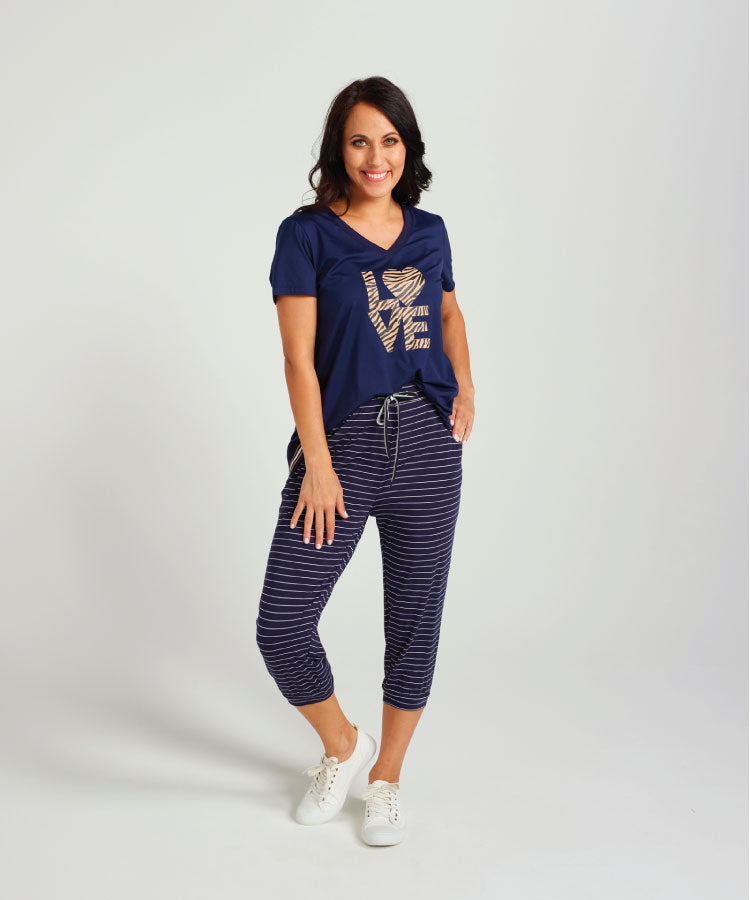 Zafina Three Quarter Pant - Ink / Stripe