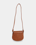 Brown leather crossbody bag on a light gray background. View from the back.