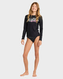 Woman wearing a black long-sleeve swimsuit with text on a white background