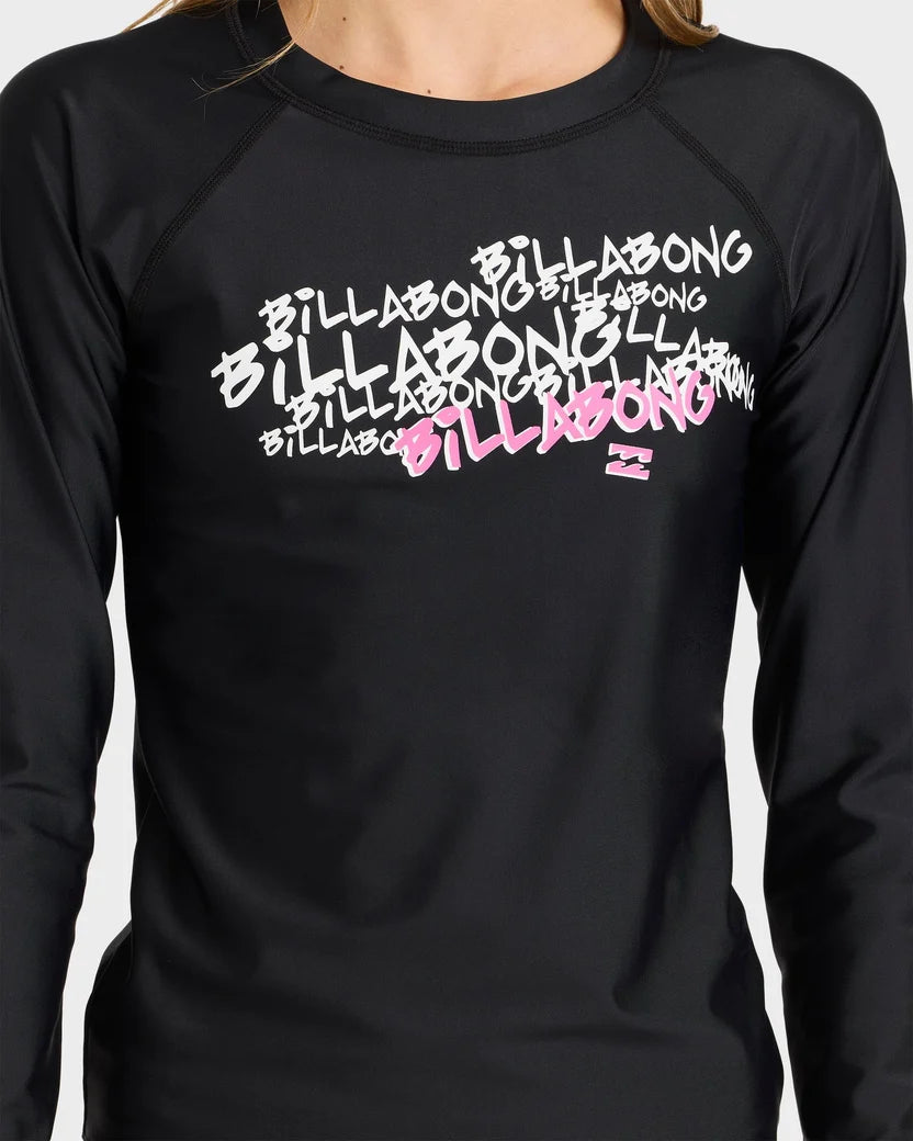 Black long-sleeve shirt with Billabong logo and text design on a white background
