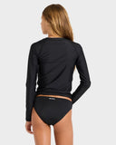 Person wearing a black long-sleeve rash guard and black bottoms on a white background
