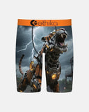 Boxer briefs with a mechanical tiger design and Ethika branding on an orange waistband. Ethika - Boys Cyberfang Staple