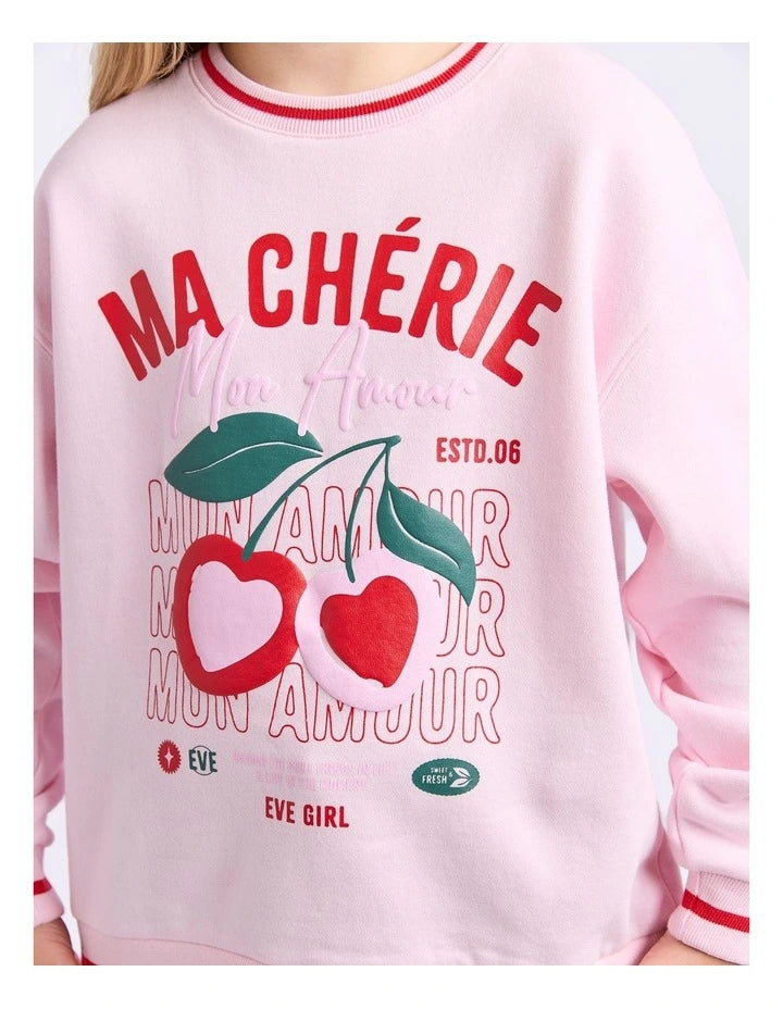Pink sweatshirt with 'MA CHERIE' text and cherry design on a white  background Eve Girl Cherry Hearts Crew - Pale Pink