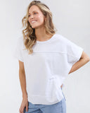 Woman wearing a white blouse with ruffled sleeves against a plain background