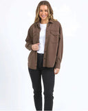 Woman wearing a brown jacket and black pants on a white background Foxwood  Daisy Over Shirt - Chocolate