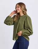 Woman wearing a green blouse with puffed sleeves on a white background Foxwood Eleanor Top - Winter Moss