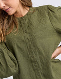Green blouse with intricate detailing on a plain background Foxwood Eleanor Top - Winter Moss