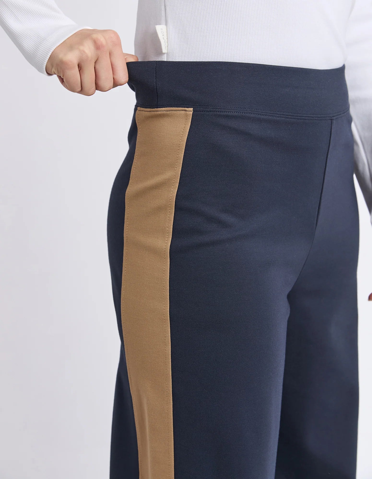 Navy pants with a beige stripe on a white background Foxwood Juno Pant - Ink
