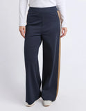 Navy wide-leg pants worn by a person on a white background