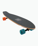 Globe Longboard side view showing the blue and orange wheels