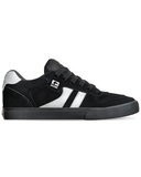 Globe Encore 2 Skate Shoe in Black and Metal Silver showing the classic twin-stripe vulcanised profile.