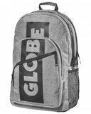 Front view of the Globe Jagger III backpack in Charcoal showing the skate straps and main zipper compartments.