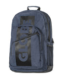 Globe Jagger III Backpack in Indigo, showing the multi-compartment streetwear skate pack with zipped utility pockets, mesh water bottle sides, and padded shoulder straps.