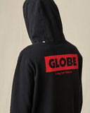 Globe Living Low Velocity Hoodie in Black, showing the premium heavy-weight organic fleece pullover design with custom drawcord hood, front kangaroo pocket, and ribbed cuffs.