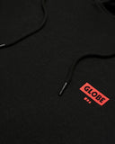 Globe Living Low Velocity Hoodie in Black, showing the premium heavy-weight organic fleece pullover design with custom drawcord hood, front kangaroo pocket, and ribbed cuffs.