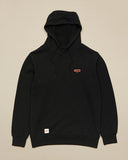 Globe Living Low Velocity Hoodie in Black, showing the premium heavy-weight organic fleece pullover design with custom drawcord hood, front kangaroo pocket, and ribbed cuffs.