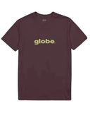 Globe OG Tee in Prune, showing the relaxed short-sleeve men's skate shirt with the classic Globe heritage chest print logo, robust crew neck, and rich purple-brown colourway.
