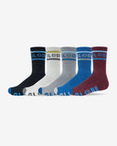 Globe Tilt Hi Crew Socks 5 Pack Assorted showing five pairs of premium cushioned skate socks with iconic OG logos.