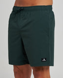 Dark green athletic shorts with an elastic drawstring waist and a small black brand patch on the lower left leg, shown on a model against a light gray background.