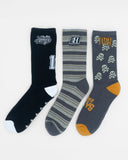 Three pairs of crew socks displayed side by side on a plain white background. The left pair is black with white and gray graphics, featuring the words 'The Best Kicks' and a large number 1.