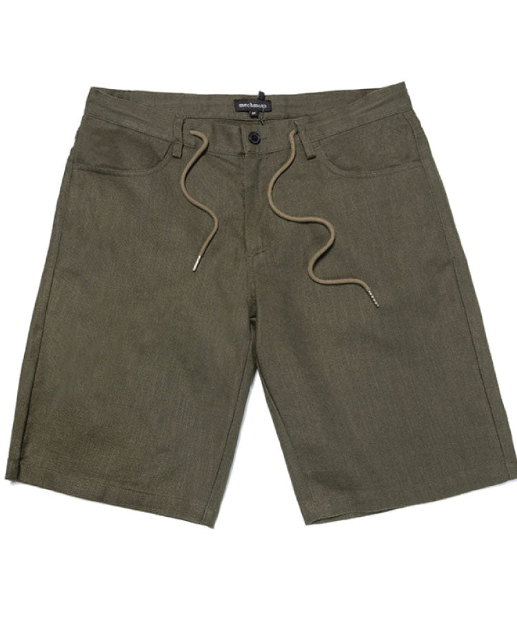 A pair of green Mechmoto linen shorts with 5 pocket styling, displayed against a white background.
