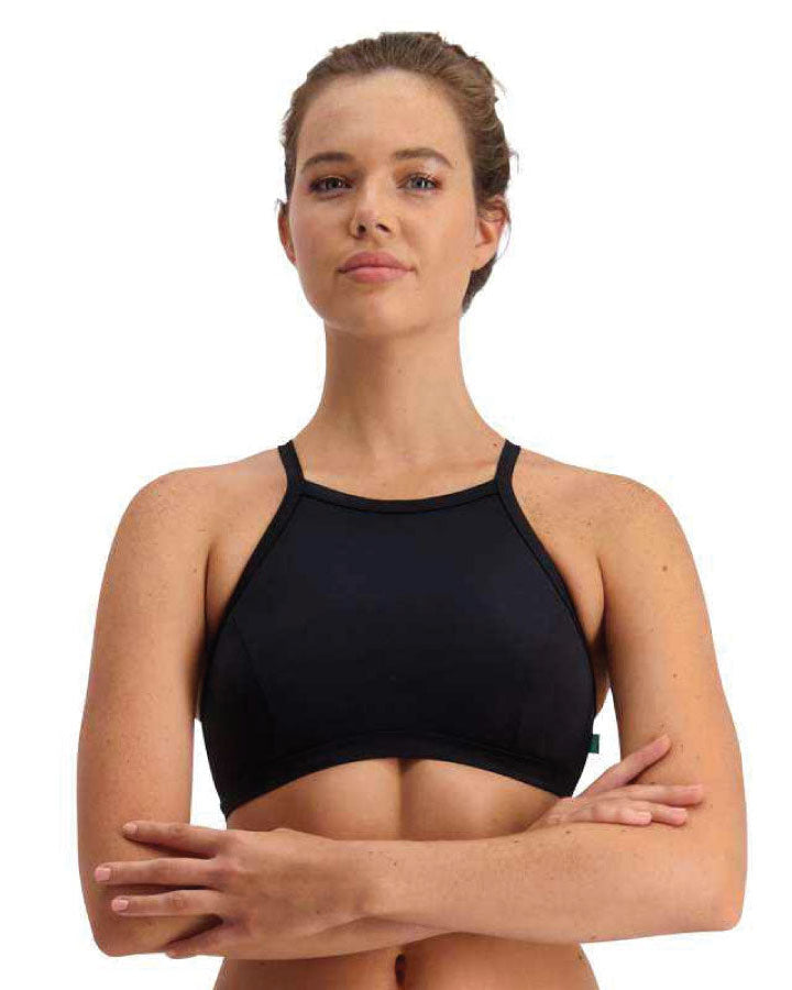 Woman wearing a black sports bra on a white background Piha Solid Separate Cross Back High Neck Top - Black