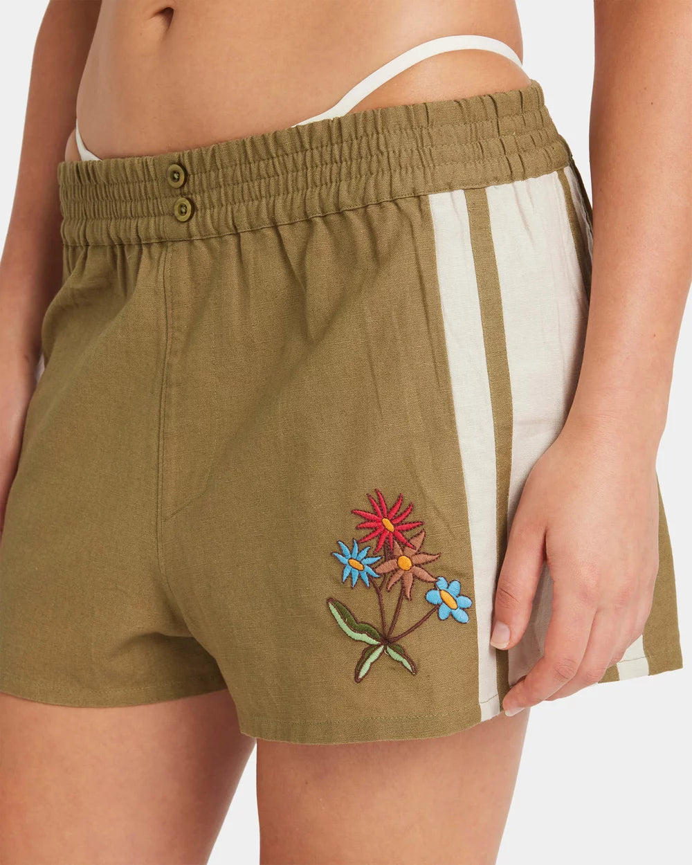 RVCA Womens Mel G Elastic Waist Shorts - Olive green shorts with floral embroidery and a white stripe on a plain background