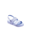 A pair of blue Reef Little Water Vista sandals for kids with Velcro straps and a soft EVA foam sole.