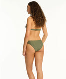 Woman wearing a green bikini on a white background. Rhythm Classic Hi Waist Pant - Olive