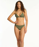 Woman wearing a green bikini on a white background. Rhythm Classic Hi Waist Pant - Olive