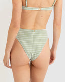 A model shown from the back wearing a green and white gingham bikini bottom and matching bikini top against a light gray studio background. Rhythm Lola Check Hi Waist bikini Pant - Green
