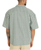 Man wearing a green and white striped short-sleeve shirt on a white background Rhythm Butcher Stripe Relaxed SS Shirt - Teal