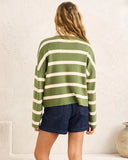 Person wearing a green and white striped sweater with denim shorts against a white wall. Rhythm Rugby Polo Knit Sweater - Olive