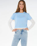 Person wearing a light blue t-shirt and light jeans on a white background Rip Curl Aggie Relaxed Kids Jeans - Vintage Blue
