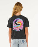 Person wearing a black t-shirt with a colorful graphic on the back, standing against a plain background. Rip Curl Girls Layday Crop tee - Washed Black