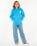 Child wearing a blue hoodie and jeans on a white background Rip Curl Hyped Denim Boys Pants - Washed Blue