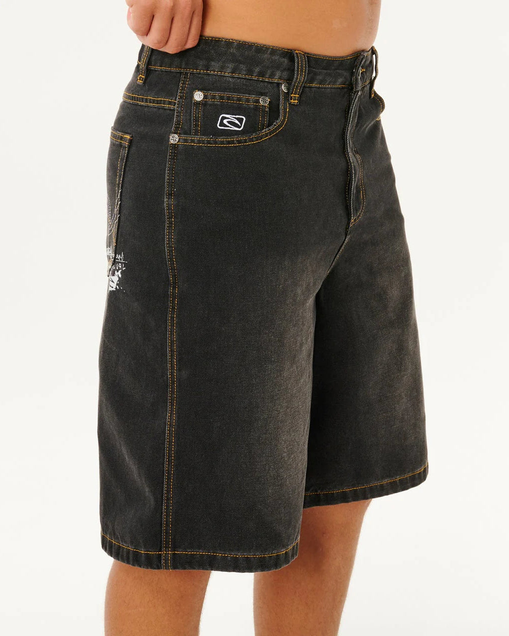 Black denim shorts with brand logo on a white background