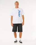 Person wearing a white t-shirt with blue text and black shorts on a white background