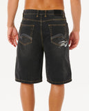 Black denim shorts worn by a person on a white background