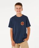 Young boy wearing a navy blue t-shirt with a logo on a white background