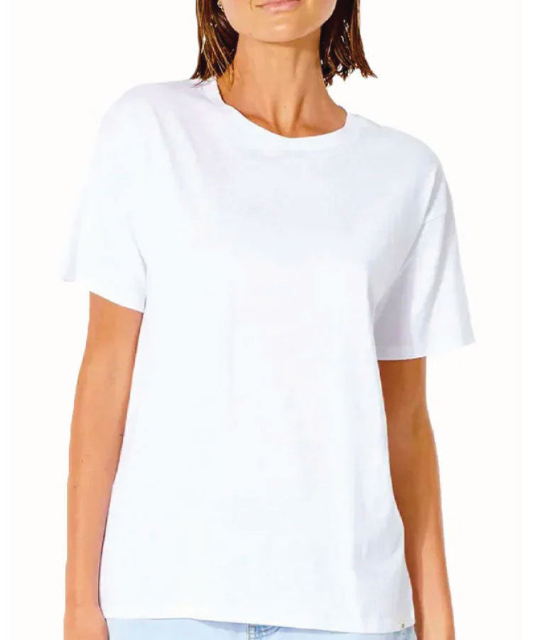 White t-shirt worn by a person on a white background 
Rip Curl Plains Oversized Womens Tee - White