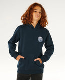 Person wearing a navy hoodie with a logo on a white background Rip Curl Wetsuit Icon Kids Hood - Navy/White