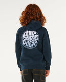 Person wearing a navy hoodie with Rip Curl logo on the back against a white background Rip Curl Wetsuit Icon Kids Hood - Navy/White