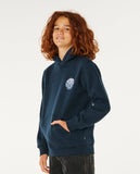Person wearing a navy hoodie with a logo on a white background Rip Curl Wetsuit Icon Kids Hood - Navy/White