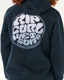 Black hoodie with 'Rip Curl Wetsuits' logo on the back Rip Curl Wetsuit Icon Kids Hood - Navy/White