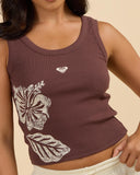 Brown tank top with butterfly design and brand logo on a beige background