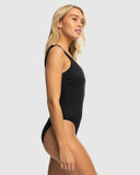 Woman wearing a black one-piece swimsuit on a white background Roxy Rib Roxy Love The Spinner One Piece - Anthtacite side view