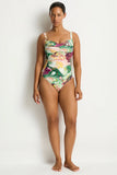 Sea Level Abyss Twist Front Multifit One Piece swimsuit in Moss green showing the front twist detail, sold by Point Break Cambridge local family surf shop at 63 Duke street.