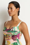  Sea Level Abyss Twist Front Multifit One Piece swimsuit in Moss green close up view of the premium eco friendly ribbed texture fabric, sold by Point Break Cambridge local family surf shop at 63 Duke street.