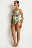  Sea Level Abyss Twist Front Multifit One Piece swimsuit in Moss green side view showing the supportive side boning, sold by Point Break Cambridge local family surf shop at 63 Duke street.